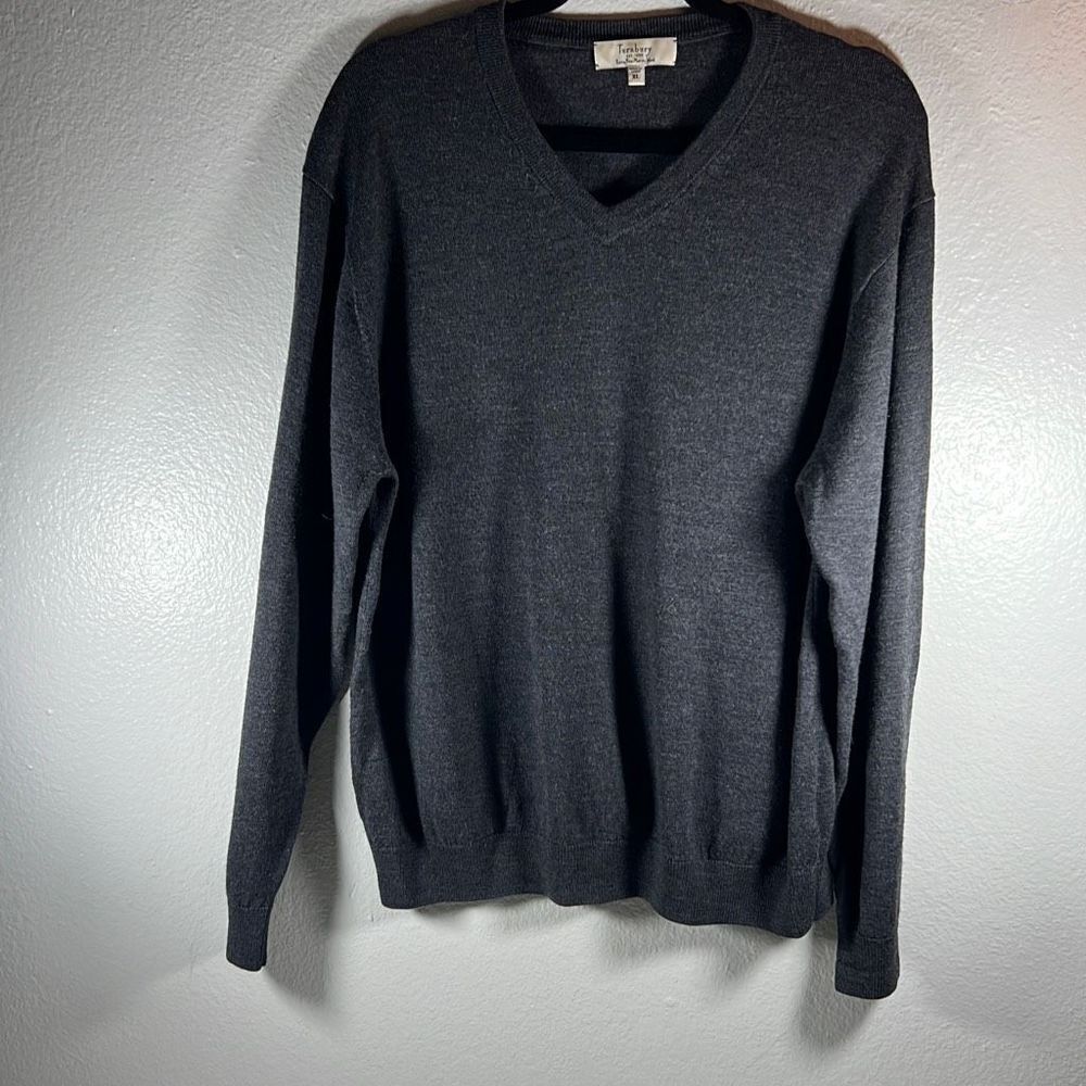 Turnbury Men's V-Neck Long Sleeve Vintage Extra Fine Merino Wool Sweater Gray XL